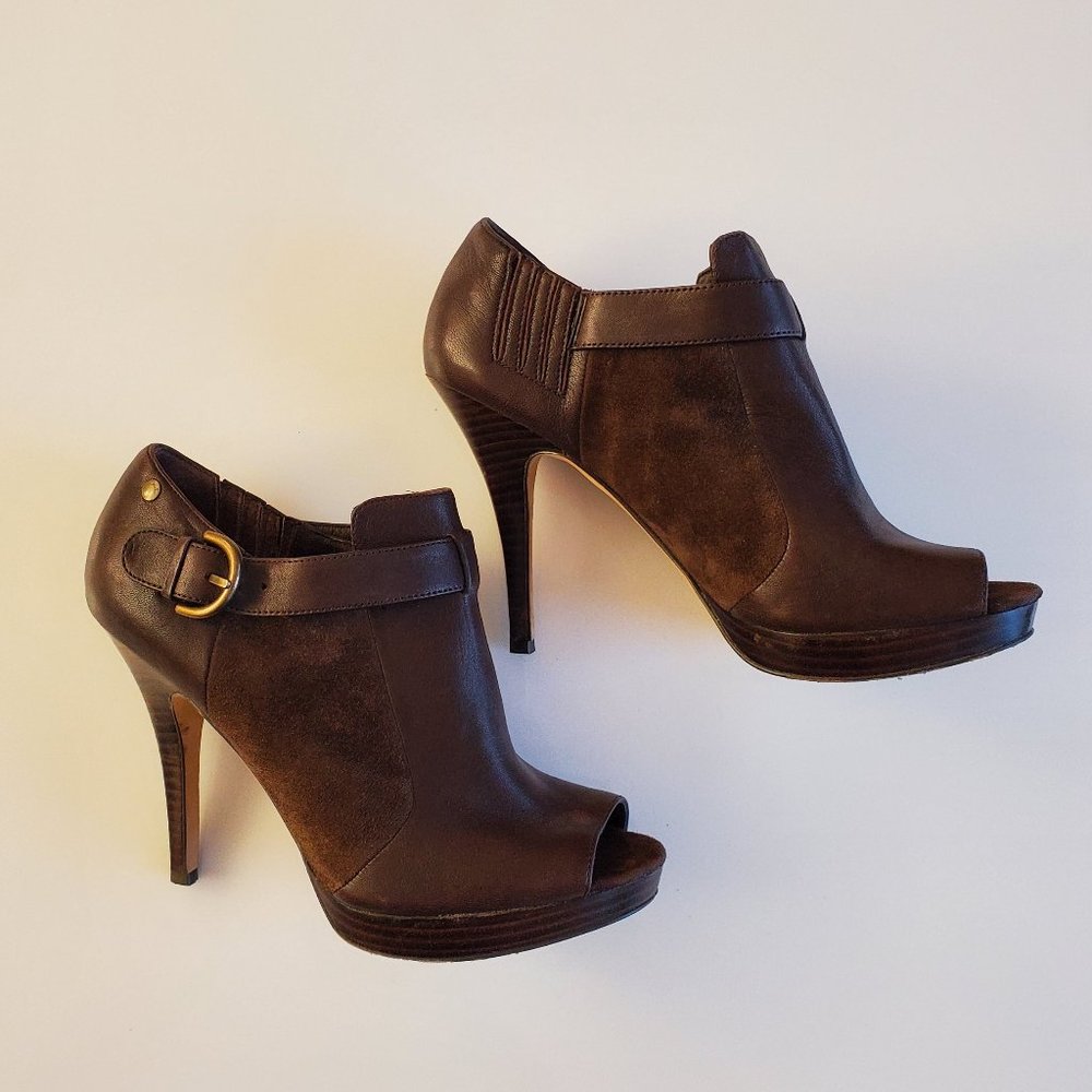 Coach Brown Leather Peep Toe Platform Stiletto Bootie Shoes Size 8 US